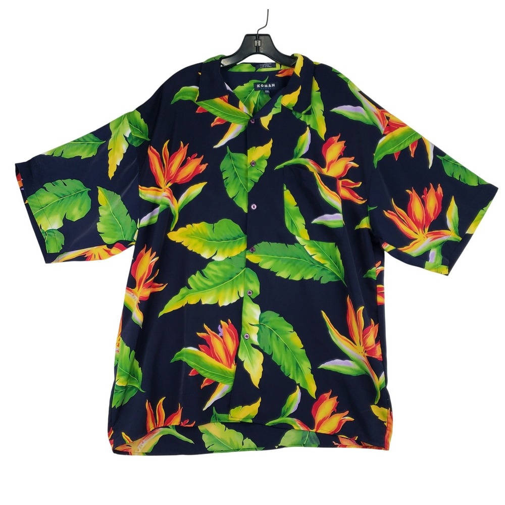 Koman Sport Tropical Button Down Shirt Mens XXL Navy Bird of‎ Paradise Hawaiian